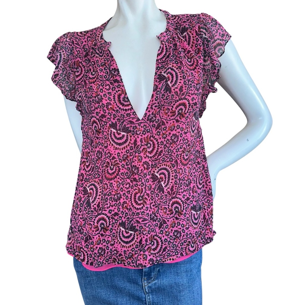 A.L.C. June Pink Black Floral Paisley Print Short Sleeve 100% Silk Blouse Size 0